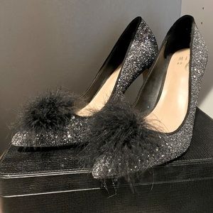 Navy blue glitter heels with pom on toe